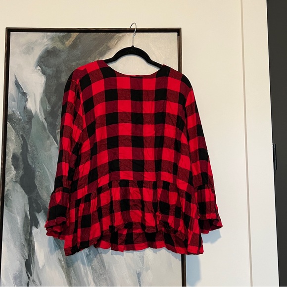 Buffalo plaid ruffle peplum long sleeve red black blouse L - Picture 3 of 9